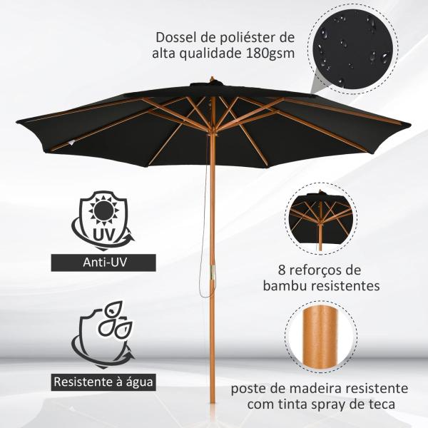Chapéu de Sol de Jardim Ø300x250cm com Sistema de Polia Teto Ventilado e Mastro Desmontável de Madeira para Terraço Pátio Exterior Preto