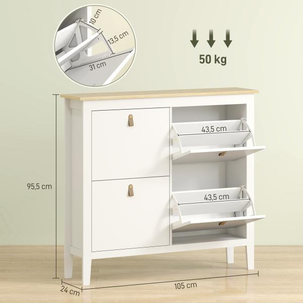 Sapateira para Entrada com 4 Gavetas Prateleiras Ajustáveis e Puxadores em PU para 20 Pares de Sapatos 105x24x95,5 cm Branco