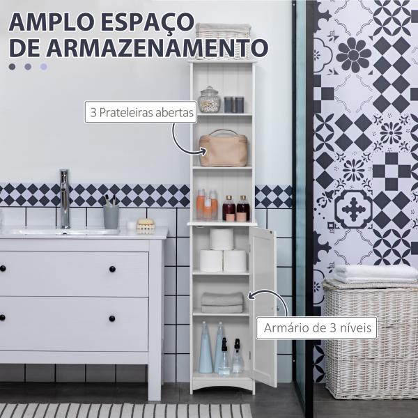 Coluna Casa de Banho com 3 Compartimentos de Armazenamento Porta e Prateleiras Ajustáveis 34x23x165 cm Branco