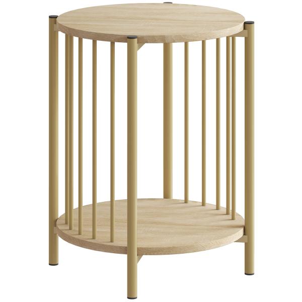 Mesa Lateral Redonda de 2 Níveis com Prateleira de Armazenamento e Estrutura de Aço para Sala e Quarto Ø41x49 cm Madeira