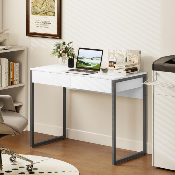 Secretária com 2 Gavetas 100x50 cm Mesa de Computador Pernas de Aço para Casa Escritório Espaços Pequenos Branco Brilhante