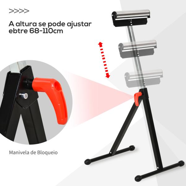 Cavalete Telescópico com Rolo Dobrável e Altura Ajustável entre 68 - 110cm com Manivela de Bloqueio Carga Máx. 60/90kg Preto e Prata