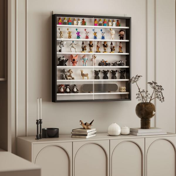 Vitrina de Parede em Madeira com Prateleiras Ajustáveis e 2 Portas Deslizantes de Vidro 80x9,5x83 cm Preto
