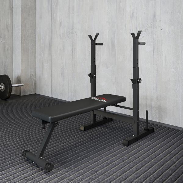 Banco de Pesos Multifuncional Dobrável com Suporte para Barras Ajustável e Estação de Dips 98 - 122x140x73 cm Preto