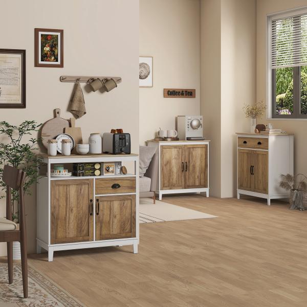 Aparador Sala de Estar com 2 Portas Gaveta e Prateleira Ajustável para Sala de Jantar Cozinha Dormitório 76,6x35x81,5 cm Branco e Madeira Envelhecida