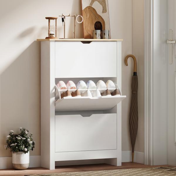 Sapateira Branca Estreita Armário Sapateiro Alto com 3 Gavetas para 18 Pares de Sapatos para Corredor 72x26x112 cm Branco