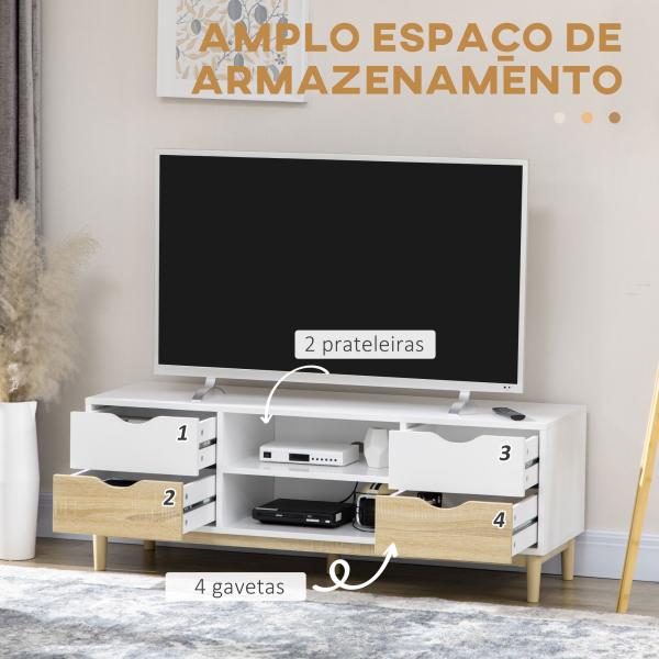 Móvel de TV para Televisores de até 55" com Prateleiras de Armazenamento e 4 Gavetas 120x40x44,5cm Branco e Carvalho