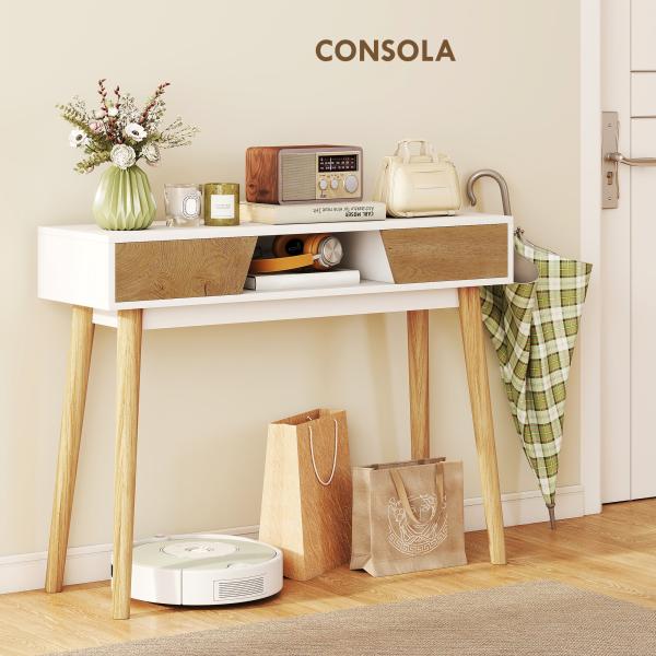 Mesa de Consola Estreita Consola de Entrada Moderna com 2 Gavetas Compartimento e Pés de Madeira 100x30x75 cm Branco