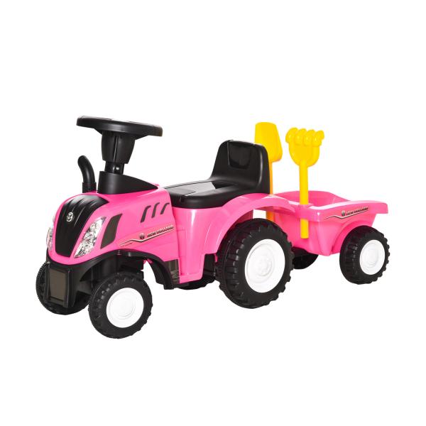 Trator para Crianças de 12 - 36 Meses com Reboque Removível Carro Andador com Buzina Farol Pá e Ancinho Carga 25kg 91x29x44cm Rosa