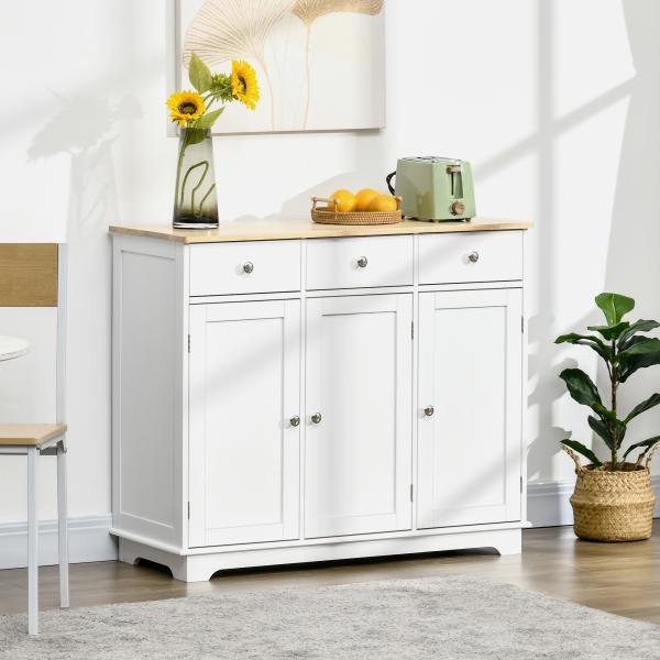 Aparador de Cozinha com 3 Gavetas 3 Portas e Prateleiras Ajustáveis Móvel Auxiliar de Armazenamento 101x40x85 cm Branco