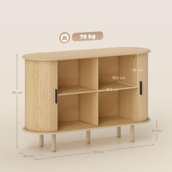 Aparador com Portas Tambor Deslizantes Design Moderno para Sala de Estar com 4 Compartimentos e Pés de Madeira 120x40x78 cm Carvalho