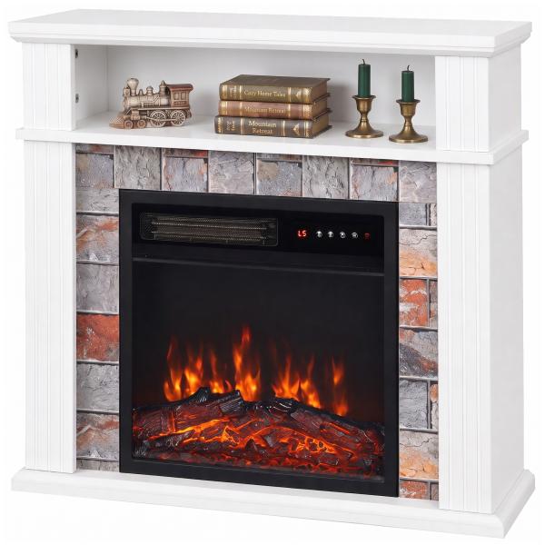 Lareira Elétrica Decorativa 1800 W com Prateleira Efeito de Chama 5 Níveis de Brilho Termóstato Temporizador e Comando Branco