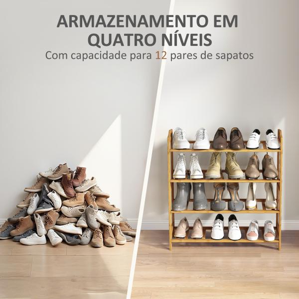 Sapateira de 4 Níveis Estante para Sapatos em Bambu para 12 Pares de Sapatos 67,5x24,7x72 cm Madeira