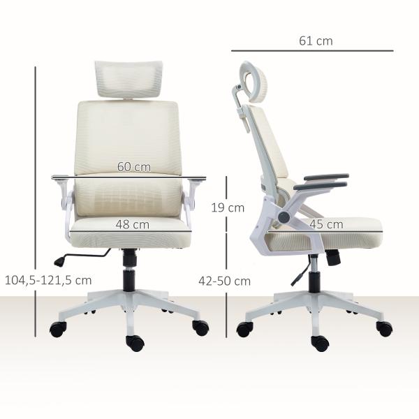 Cadeira de Escritório de Malha Giratória com Altura e Apoio para a Cabeça Ajustáveis 58x61x102 - 119 cm Bege