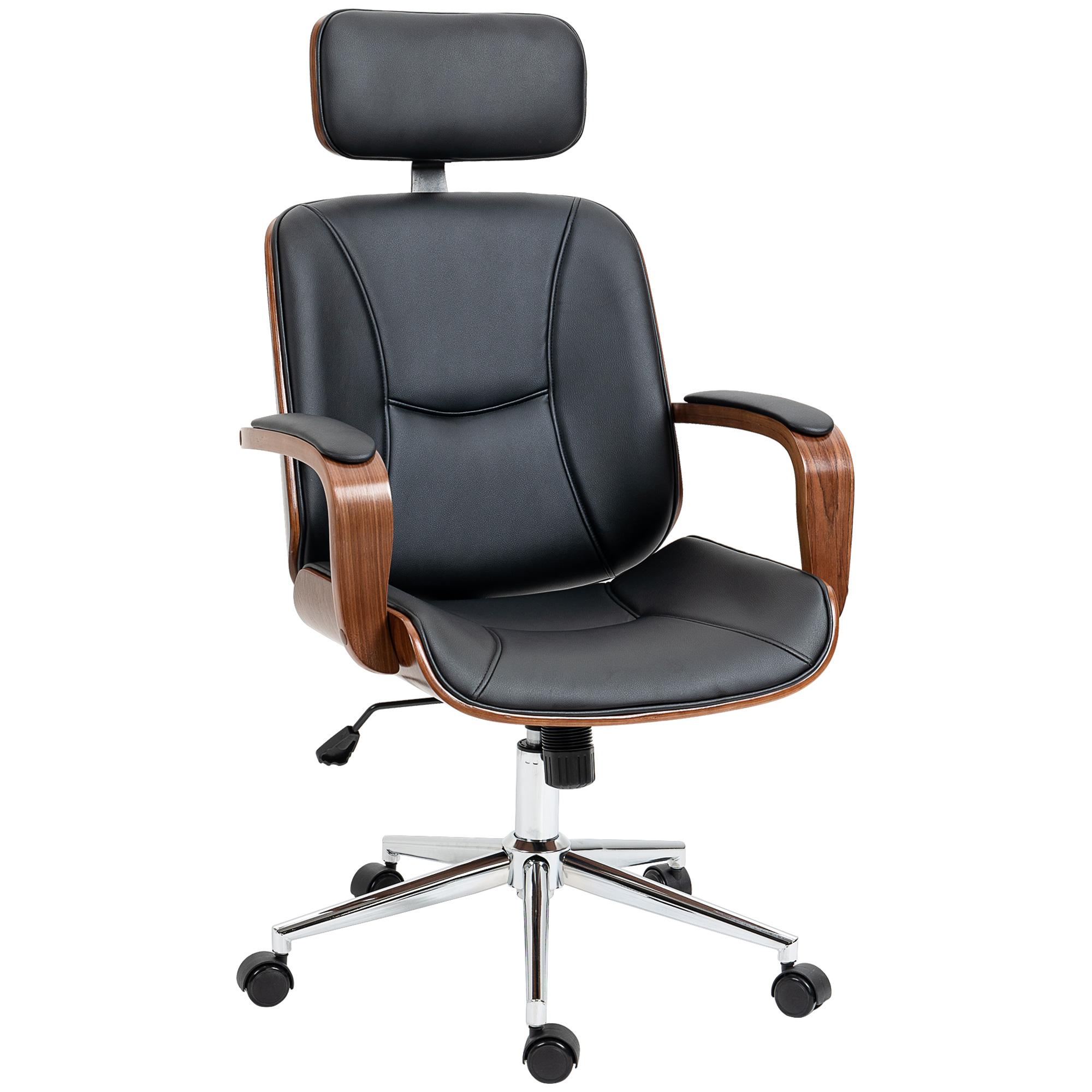 Cadeira de Escritório Operativa de Couro PU com Apoio para a Cabeça Amovível Altura Ajustável 63x62x110 - 120cm Preto e Madeira