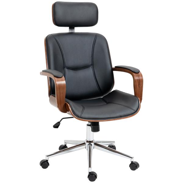 Cadeira de Escritório Operativa de Couro PU com Apoio para a Cabeça Amovível Altura Ajustável 63x62x110 - 120cm Preto e Madeira