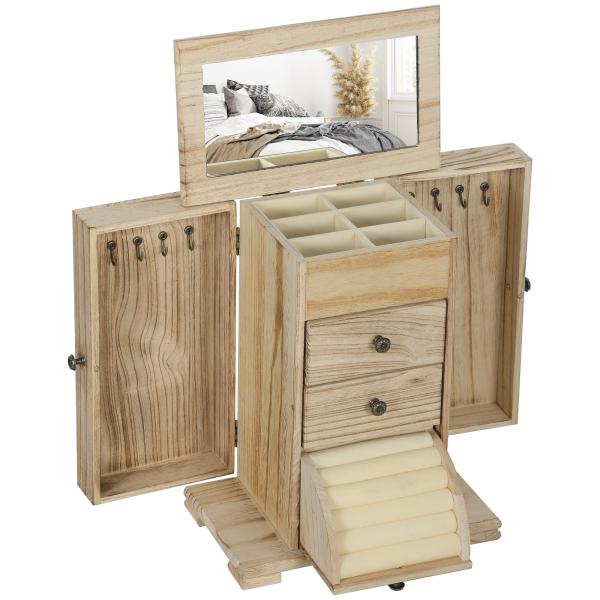 Caixa Joias de Madeira de 4 Níveis Organizador de Joias com 2 Gavetas e Espelho 26,5x16x33,5 cm Madeira