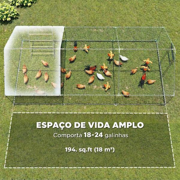 Galinheiro para Exterior 3x6 m Galinheiro de Aço Galvanizado com Comedouro Suspenso Tipo Espeto Poleiro Anti - UV Prata