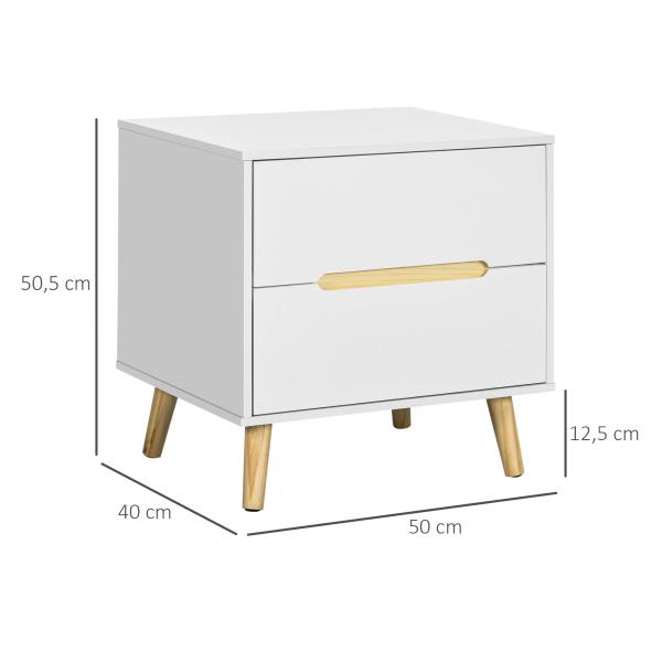Mesa de Cabeceira com 2 Gavetas e Pés de Madeira Mesa de Cabeceira para Dormitório Estilo Moderno 50x40x50,5cm Branco