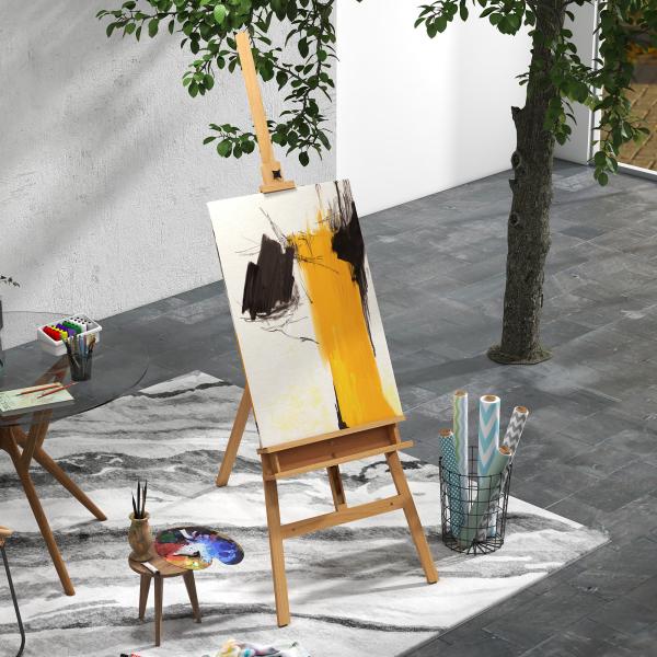 Cavalete de Pintura Dobrável em Madeira, 235 cm, Altura e Ângulo Ajustáveis, Prateleira Inferior, Natural