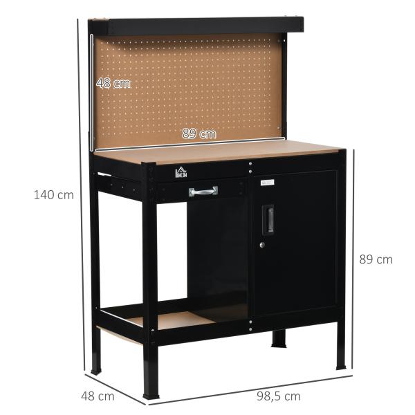 Bancada de Trabalho 98,5x48x140 cm Mesa de Trabalho com Painel Perfurado Gaveta Prateleira e Armário com Fechadura Preto