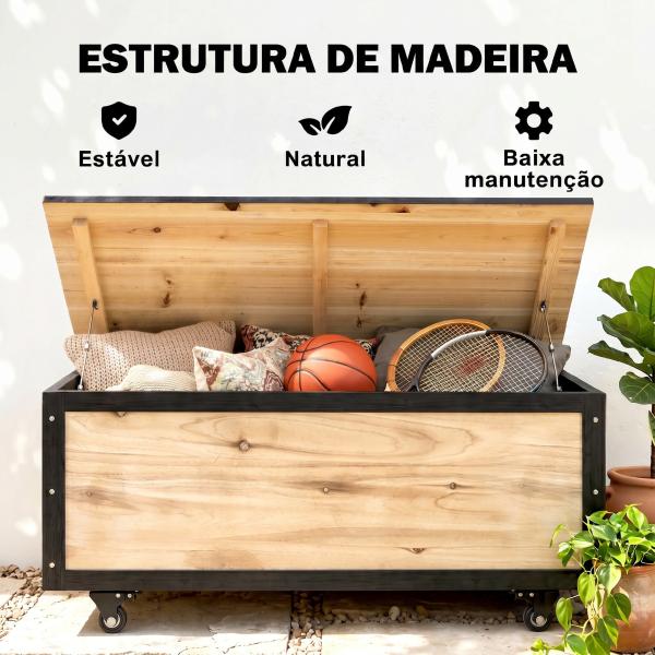 Baú de Exterior 121 L Baú de Armazenamento em Madeira com 4 Rodas para Jardim Pátio Varanda 100x50x43 cm Natural e Preto
