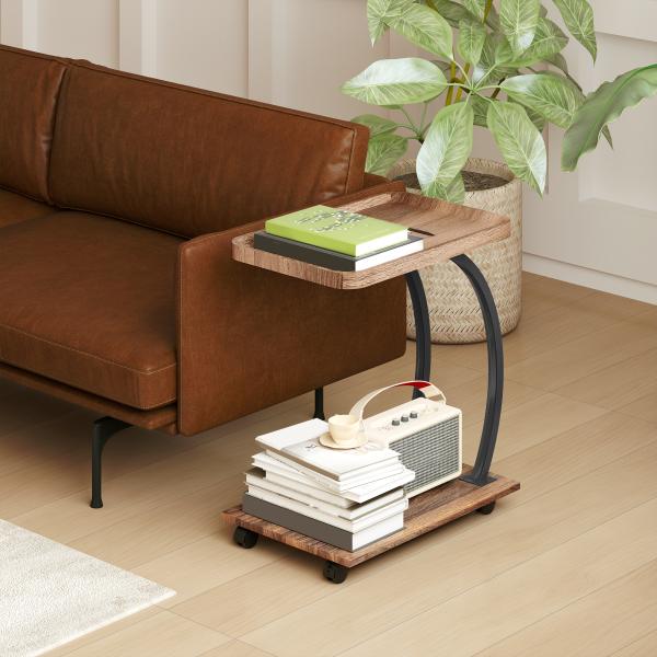 Mesa Auxiliar em Forma de C com Rodas para Sofá com Prateleiras Estrutura de Aço 52x34x60 cm Madeira e Preto
