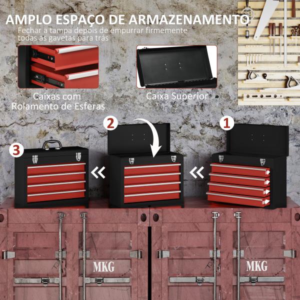Caixa de Ferramentas de Aço com 4 Gavetas Fechaduras Metálicas Mala de Ferramentas Portátil 51x22x39,5 Preto e Vermelho