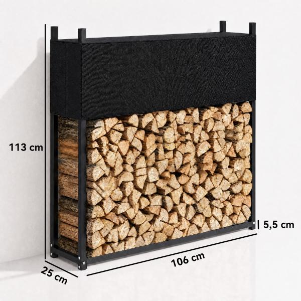 Suporte para Lenha com Cobertura Oxford 600D, Aço Galvanizado, 250 kg, Interior e Exterior, Preto