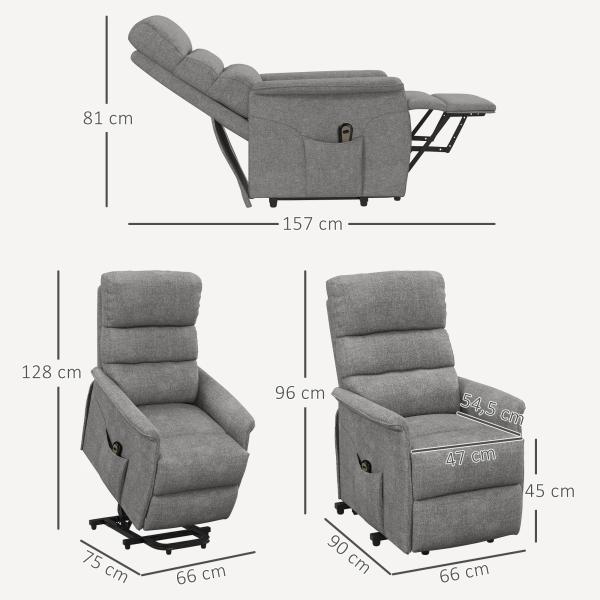 Poltrona Relax Reclinável Elétrica Poltrona Levanta Pessoas com Controlo Remoto e Bolso Lateral 66x90x96 cm Cinza