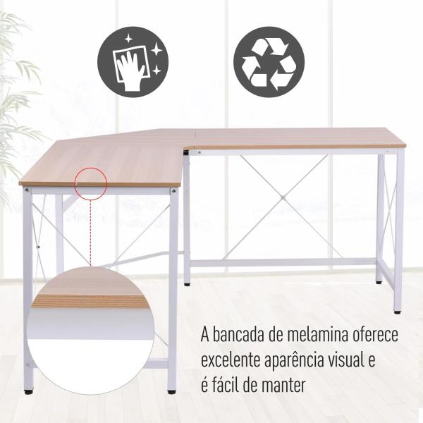 Secretária em Forma de L Secretária para Escritório com Estrutura de Metal Secretária de Canto 150x150x76 cm Branco e Madeira