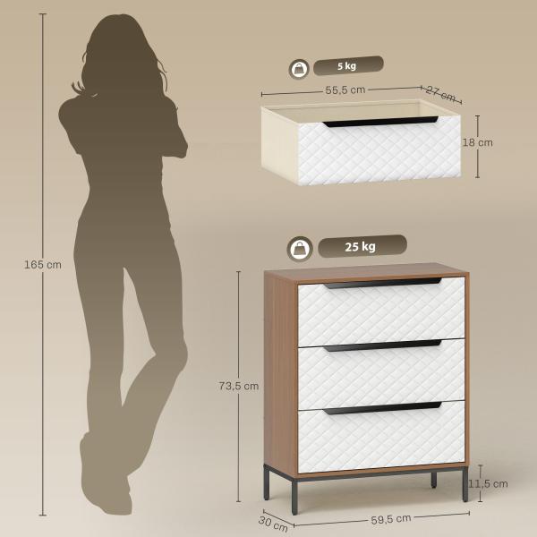 Cómoda com 3 Gavetas de Tecido Frentes com Padrão de Diamante Móvel de Arrumação 59,5x30x73,5 cm Madeira e Branco