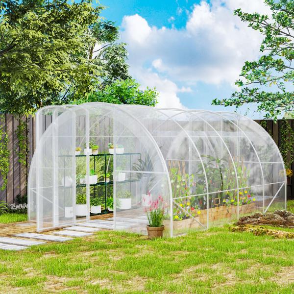 Estufa de Túnel 395x295x195 cm Estufa de Jardim com 2 Portas Estufa para Horticultura com Teto Arredondado Transparente