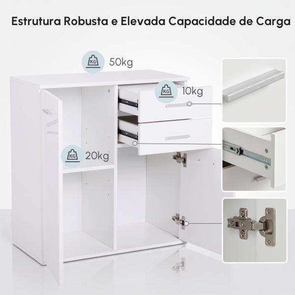 Armário Aparador Multiuso com Portas e Gavetas Amplo Espaço de Armazenamento para Sala de Estar 71x35x76cm Branco