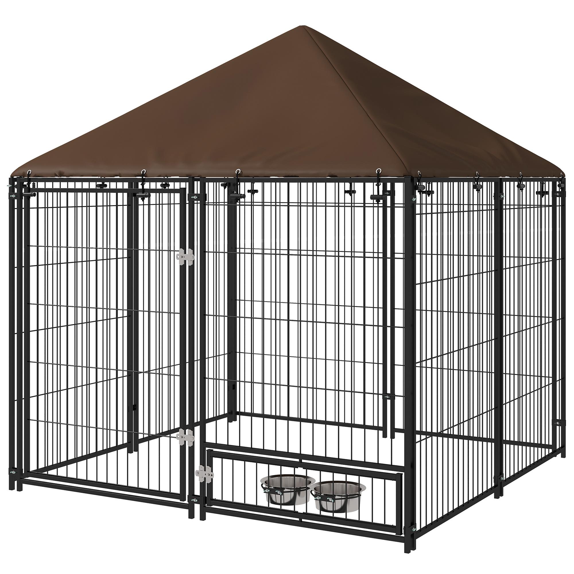 Parque para Cães com Toldo com Suporte Giratório para Comida 2 Tigelas Incluídas 141x141x151 cm Preto Marrom