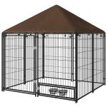 Parque para Cães com Toldo com Suporte Giratório para Comida 2 Tigelas Incluídas 141x141x151 cm Preto Marrom