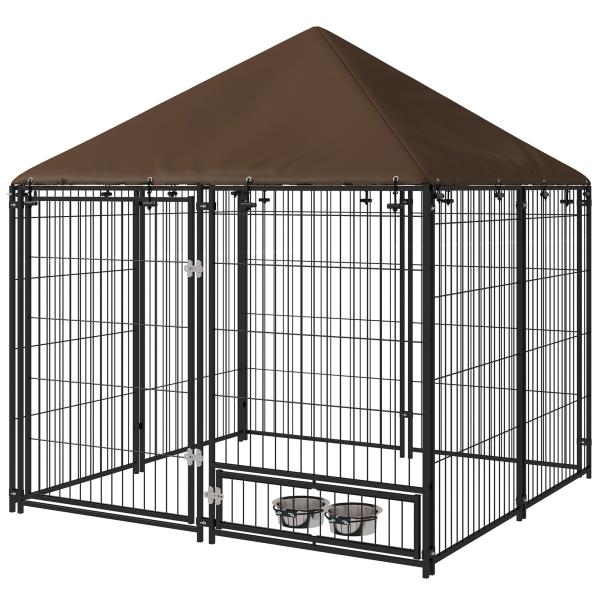 Parque para Cães com Toldo com Suporte Giratório para Comida 2 Tigelas Incluídas 141x141x151 cm Preto Marrom