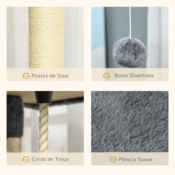 Árvore Arranhador para Gatos Grande 60x60x200cm com 2 Cavernas 2 Redes Cama Múltiplas Plataformas Postes Arranhadores de Sisal Natural e Bolas de Brinquedo Cinza