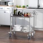 Carrinho Auxiliar com Rodas de Aço Inoxidável Carrinho de Cozinha com 2 Prateleiras e 2 Pegas 70,5x40,5x81 cm Prata