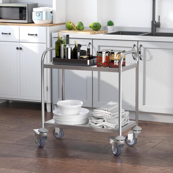 Carrinho Auxiliar com Rodas de Aço Inoxidável Carrinho de Cozinha com 2 Prateleiras e 2 Pegas 70,5x40,5x81 cm Prata