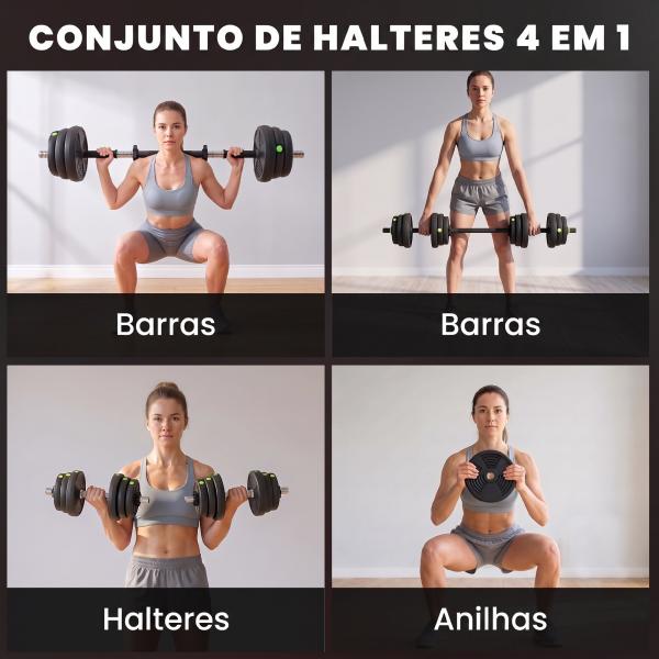 Conjunto de Halteres 25 kg 2 em 1 com Barra e Pega Antiderrapante para Treino de Força em Casa Ginásio Escritório Preto e Verde