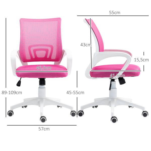Cadeira de Escritório de Malha Giratória com Altura Ajustável Função Basculante e Apoio para os Braços 57x55x89 - 109 cm Rosa