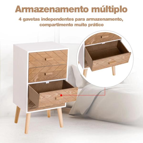 Mesa de Cabeceira com 4 Gavetas Amplo Espaço de Armazenamento para Dormitório 40x30x75 cm Branco e Madeira