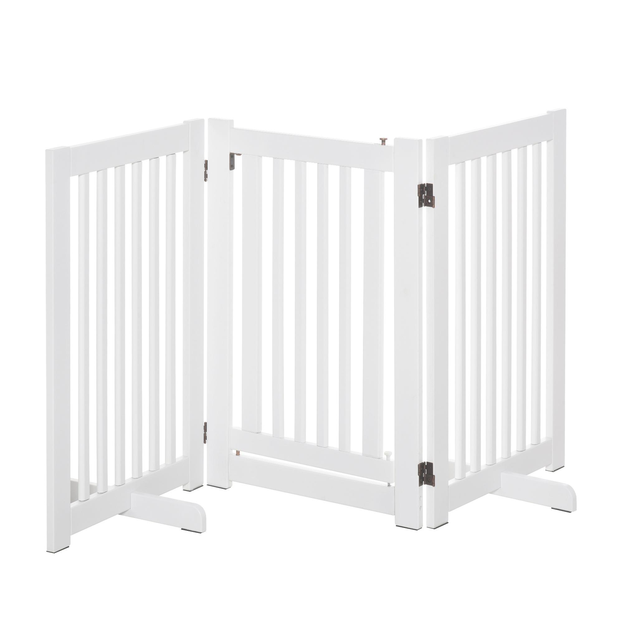 Barreira para Cães de Madeira Barreira para Animais de Estimação Dobrável de 3 Painéis com 1 Porta e Pés de Apoio 155x35,5x76 cm Branco