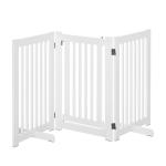 Barreira para Cães de Madeira Barreira para Animais de Estimação Dobrável de 3 Painéis com 1 Porta e Pés de Apoio 155x35,5x76 cm Branco