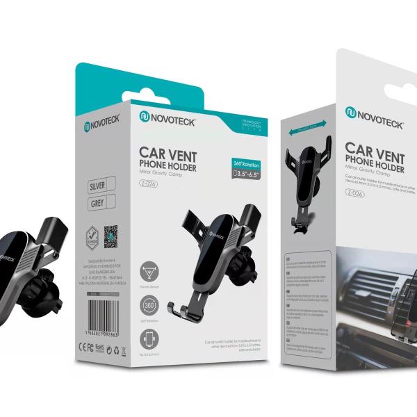 Suporte para Ventilação de Carro Novoteck Z-026 - Mecanismo de Gravidade, Rotação 360°, Cores Prateado/Cinza, para Telemóveis 3,5''-6,5''