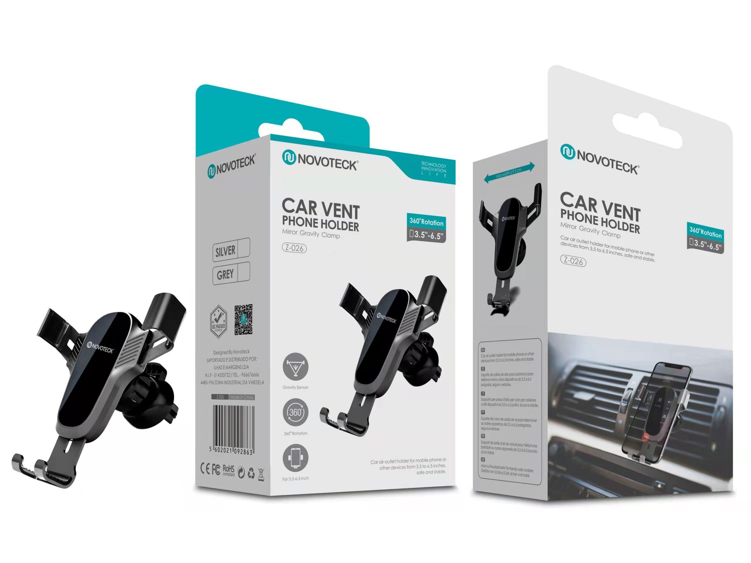 Suporte para Ventilação de Carro Novoteck Z - 026 - Mecanismo de Gravidade, Rotação 360°, Cores Prateado/Cinza, para Telemóveis 3,5'' - 6,5''