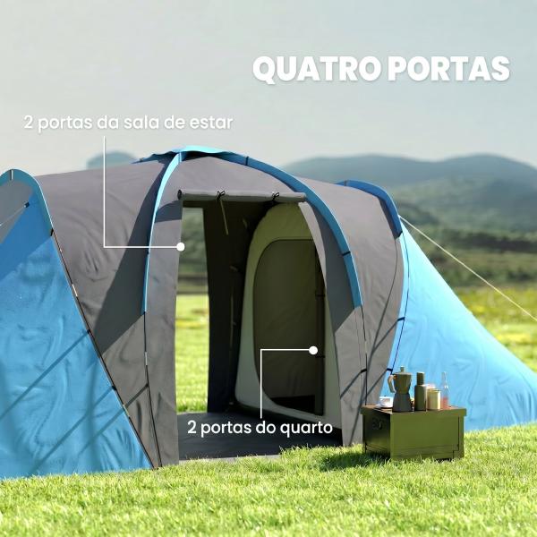 Tenda de Campismo Familiar para 4 - 6 Pessoas com 2 Dormitórios Impermeável 3000 mm com Bolsa 555x225x190 cm Cinza e Azul