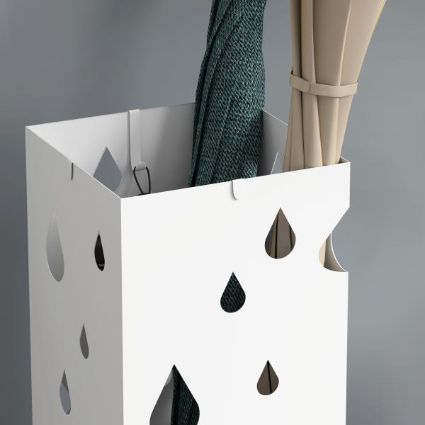 Suporte para Guarda - Chuvas com 4 Ganchos e Bandeja de Gotejamento Amovível Porta Guarda - Chuvas 15,5x15,5x41 cm Branco