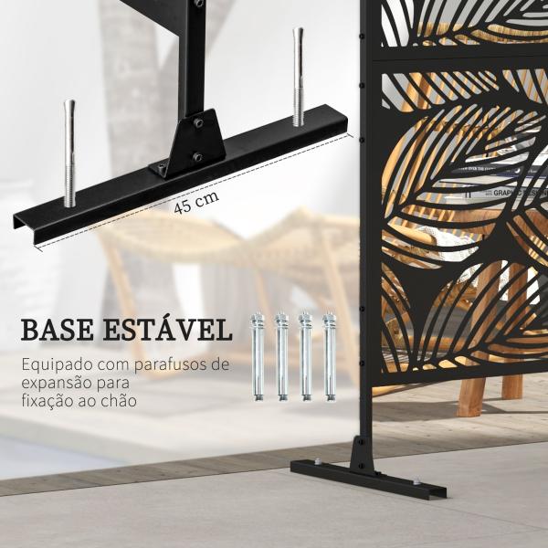 Biombo de Exterior Separador de Ambientes com 3 Peças com Padrão de Flores Grande e Estrutura de Aço 122x45x198 cm Preto